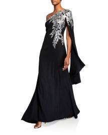 Tadashi Shoji Crepe One-Shoulder Gown with Draped-Sleeve  amp  Sequin Detail at Neiman Marcus